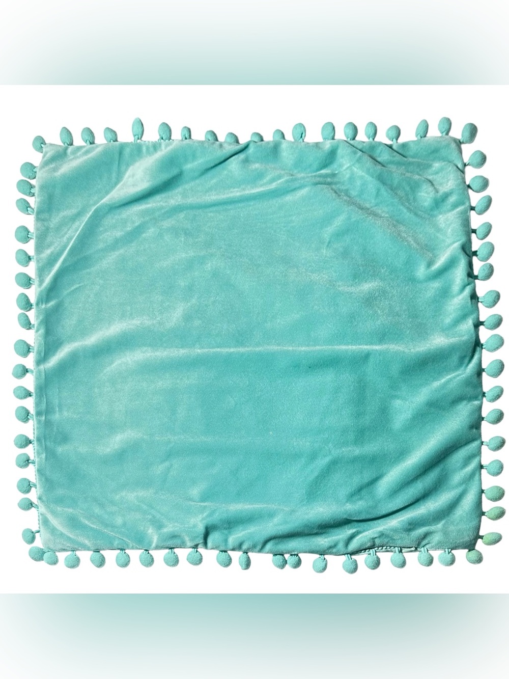 Pom Pom Pillow Cover Velvety Turquoise Aqua 17” X 17” Bobbles